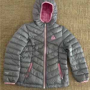 Gray and Pink Hooded Puffy Jacket